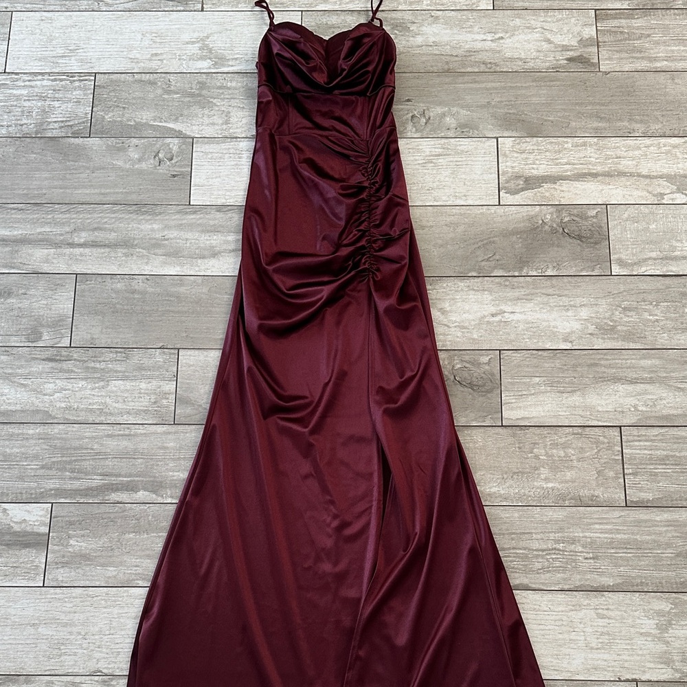 Spaghetti Strap Satin Burgundy Evening Dress